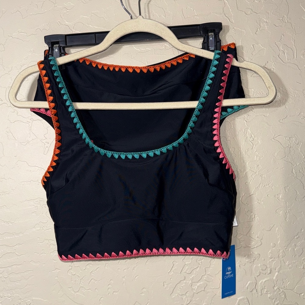 CUPSHE swimsuit black Tank midkini Wide Straps rainbow stitching size M - Picture 9 of 9
